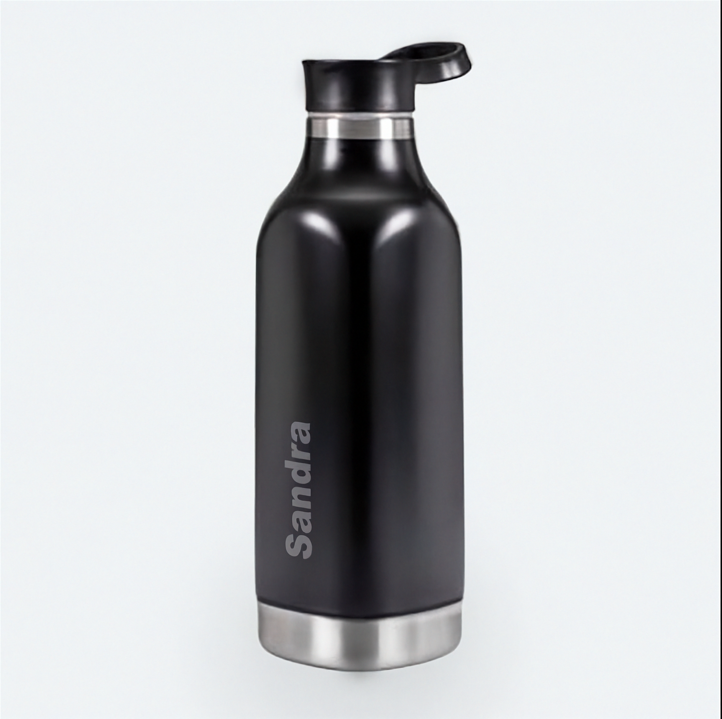 schwarze kantige Thermosflasche mit laserbeschriftung