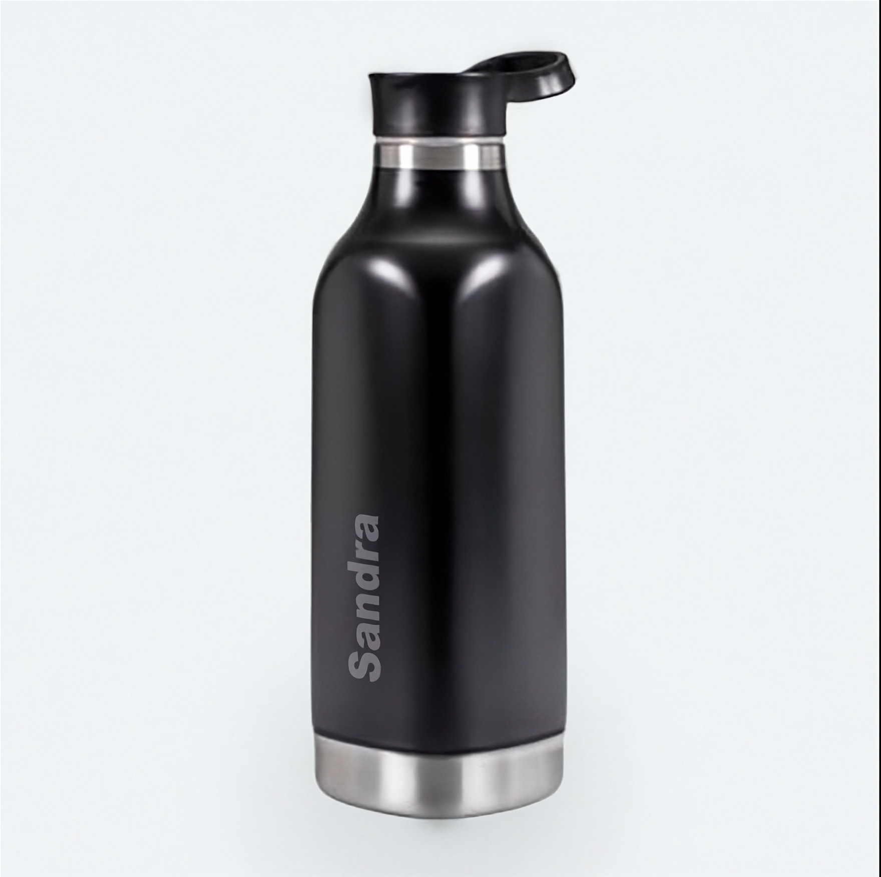 schwarze kantige Thermosflasche mit laserbeschriftung