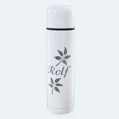 weisse hohe Termosflasche mit Deckel, graviert mit Name und floralen Elementen